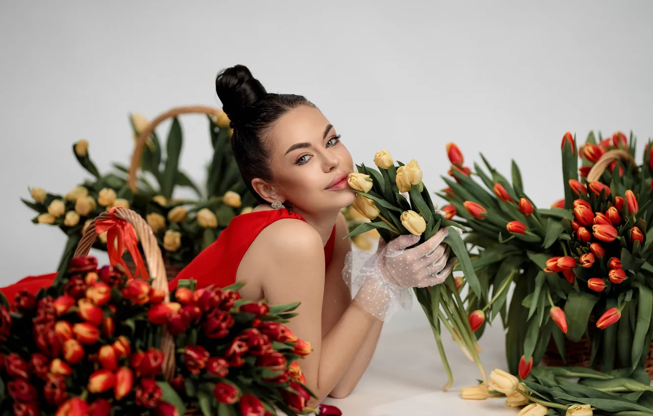 Photo wallpaper look, girl, flowers, pose, mood, holiday, tulips, gloves