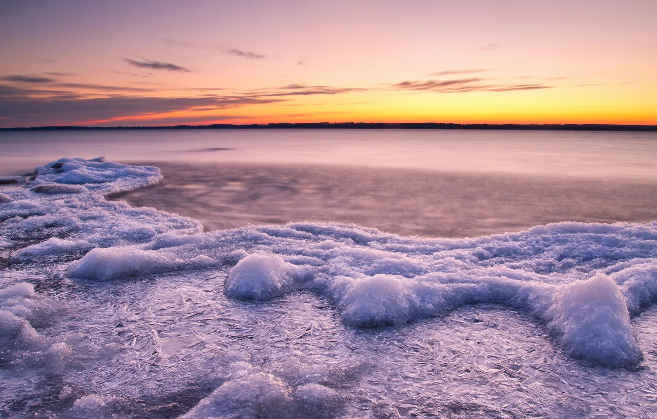 Photo wallpaper cold, ice, water, sunset, lake, river, ice