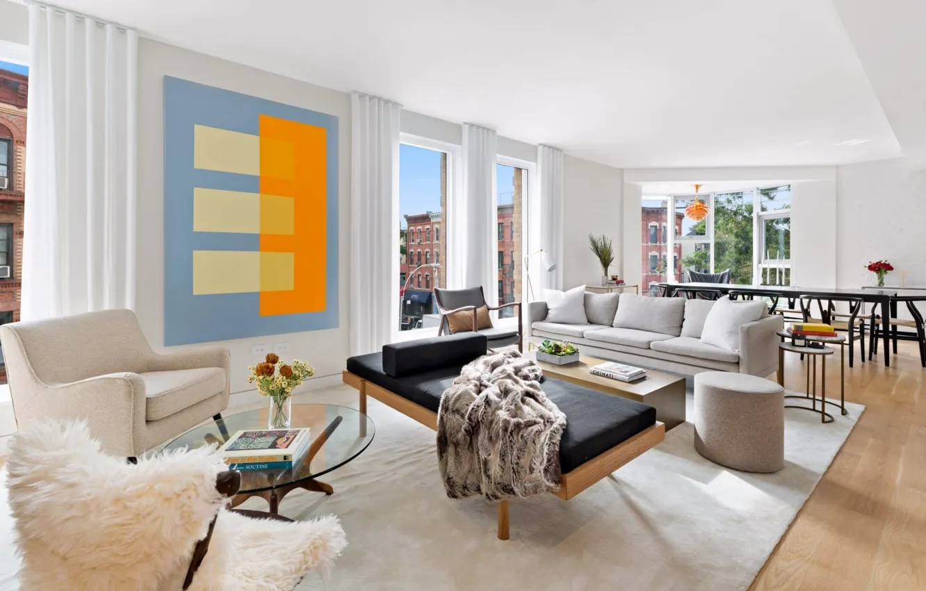 Photo wallpaper interior, megapolis, NYC, living room, dining room, 2nd Street Apartment