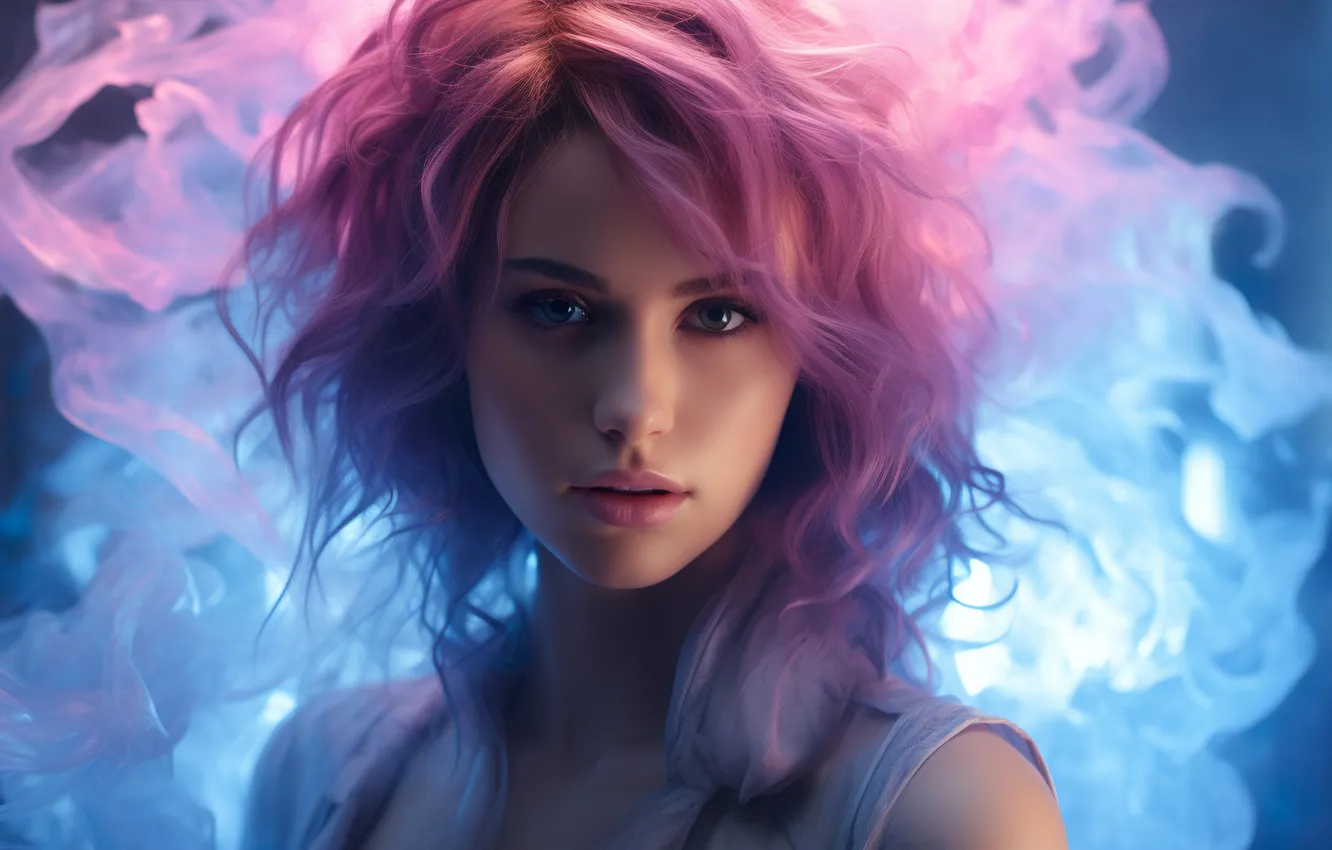 Photo wallpaper look, girl, smoke, beauty, digital art, pink hair, digital art, artificial intelligence