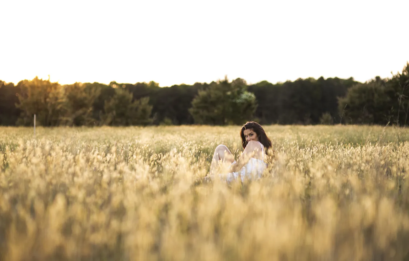 Photo wallpaper field, eyes, girl, sunset, hair, dress, smiling