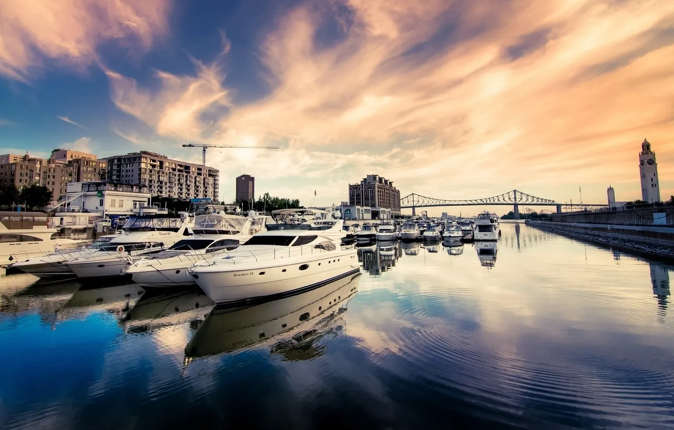 Photo wallpaper the sky, water, river, home, The city, port, boats, trays