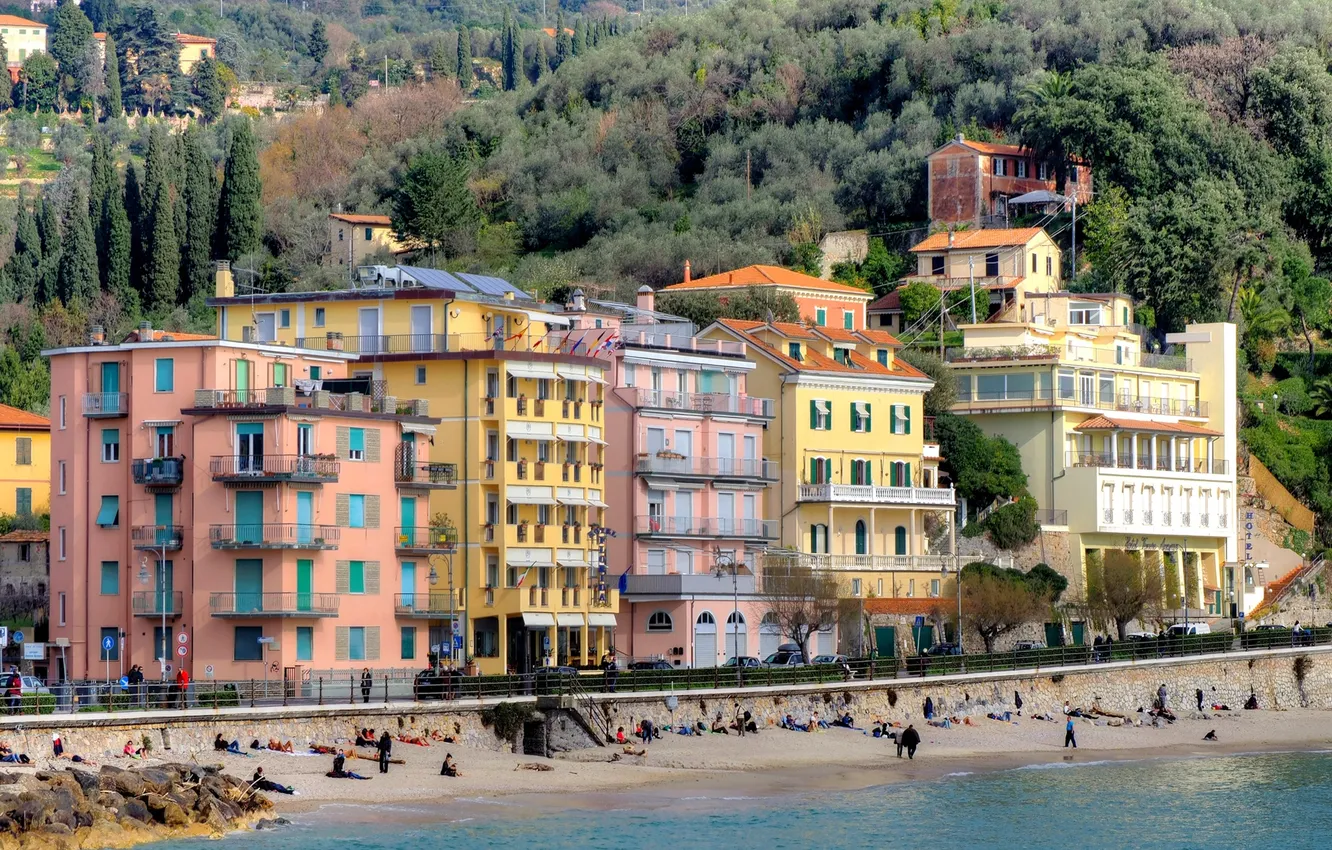 Photo wallpaper sea, trees, mountains, home, Italy, Liguria, Lerici