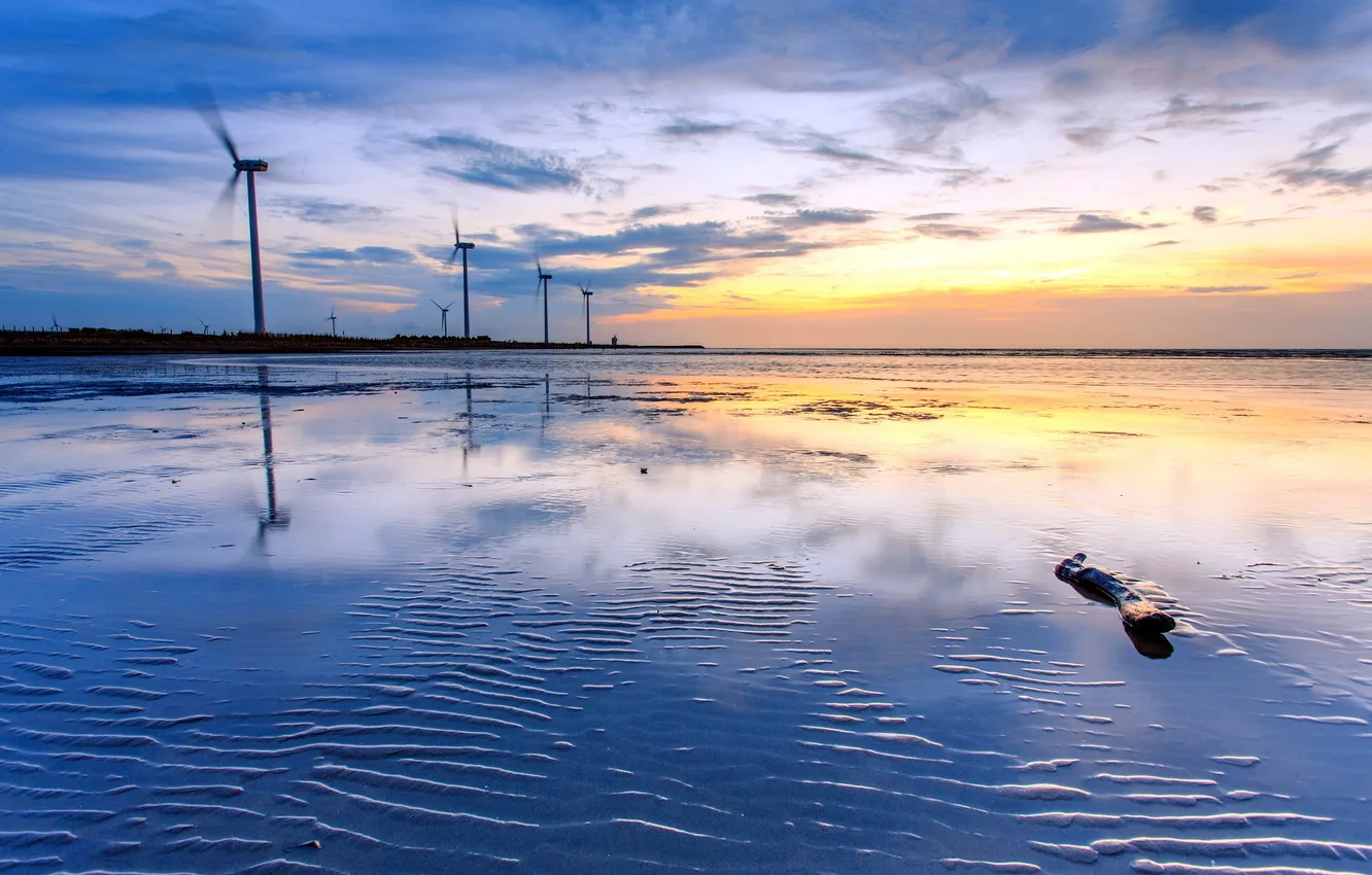 Photo wallpaper sea, landscape, sunset, windmills