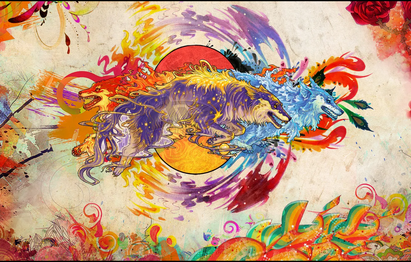 Photo wallpaper water, lights, roses, tattoo, snyp art, wolf lands