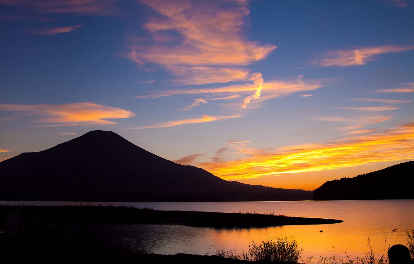 Photo wallpaper sunset, mountains, lake, Japan, Fuji