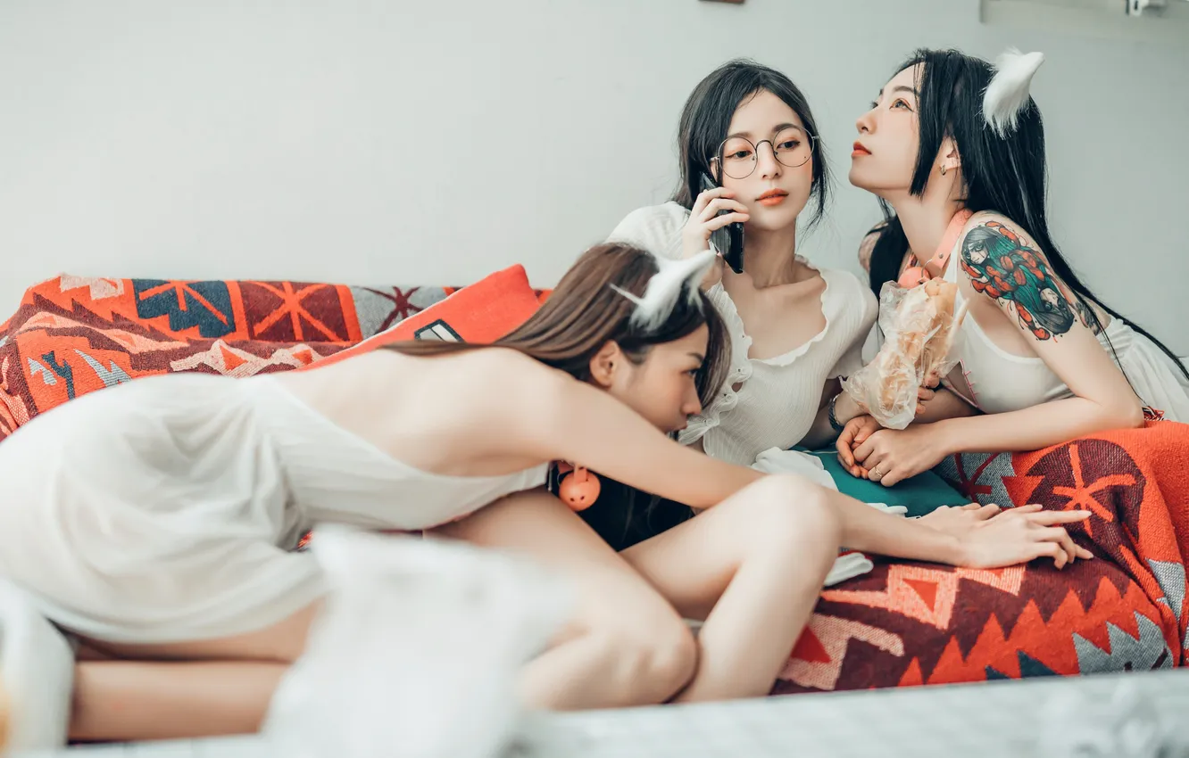 Photo wallpaper animal ears, beautiful, model, pretty, women, asian, sofa, glasses