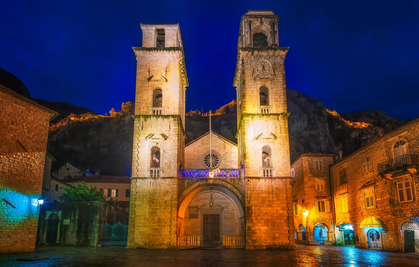 Photo wallpaper mountains, night, lights, Church, temple, Montenegro, Kotor Cathedral