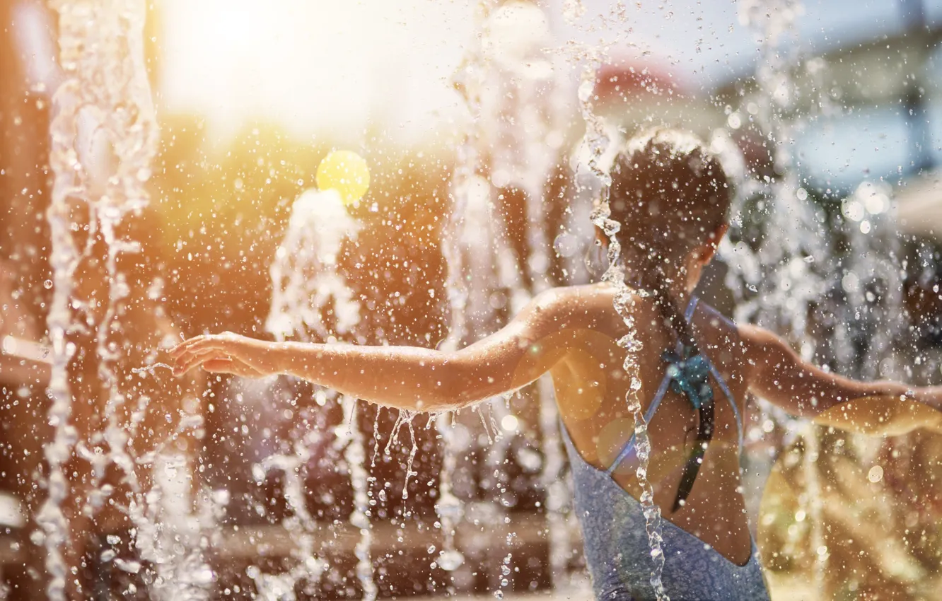 Photo wallpaper water, girl, drops, squirt, mood, fountain