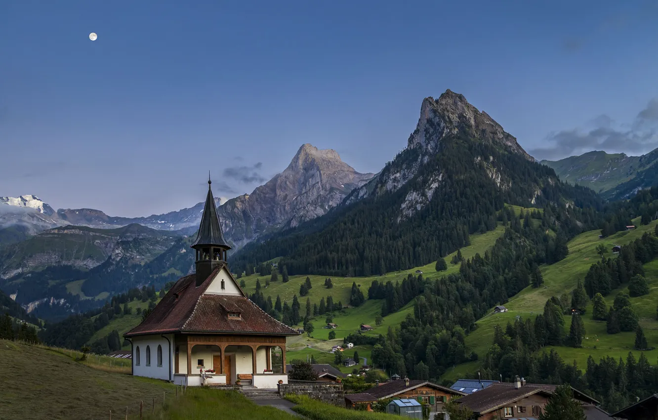 Photo wallpaper forest, the sky, mountains, view, Switzerland, slope, Alps, Church