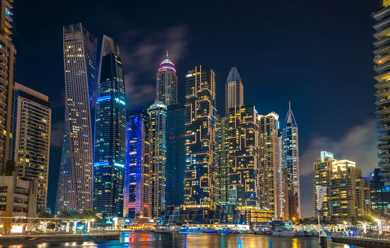 Photo wallpaper building, home, Dubai, night city, Dubai, skyscrapers, harbour, UAE