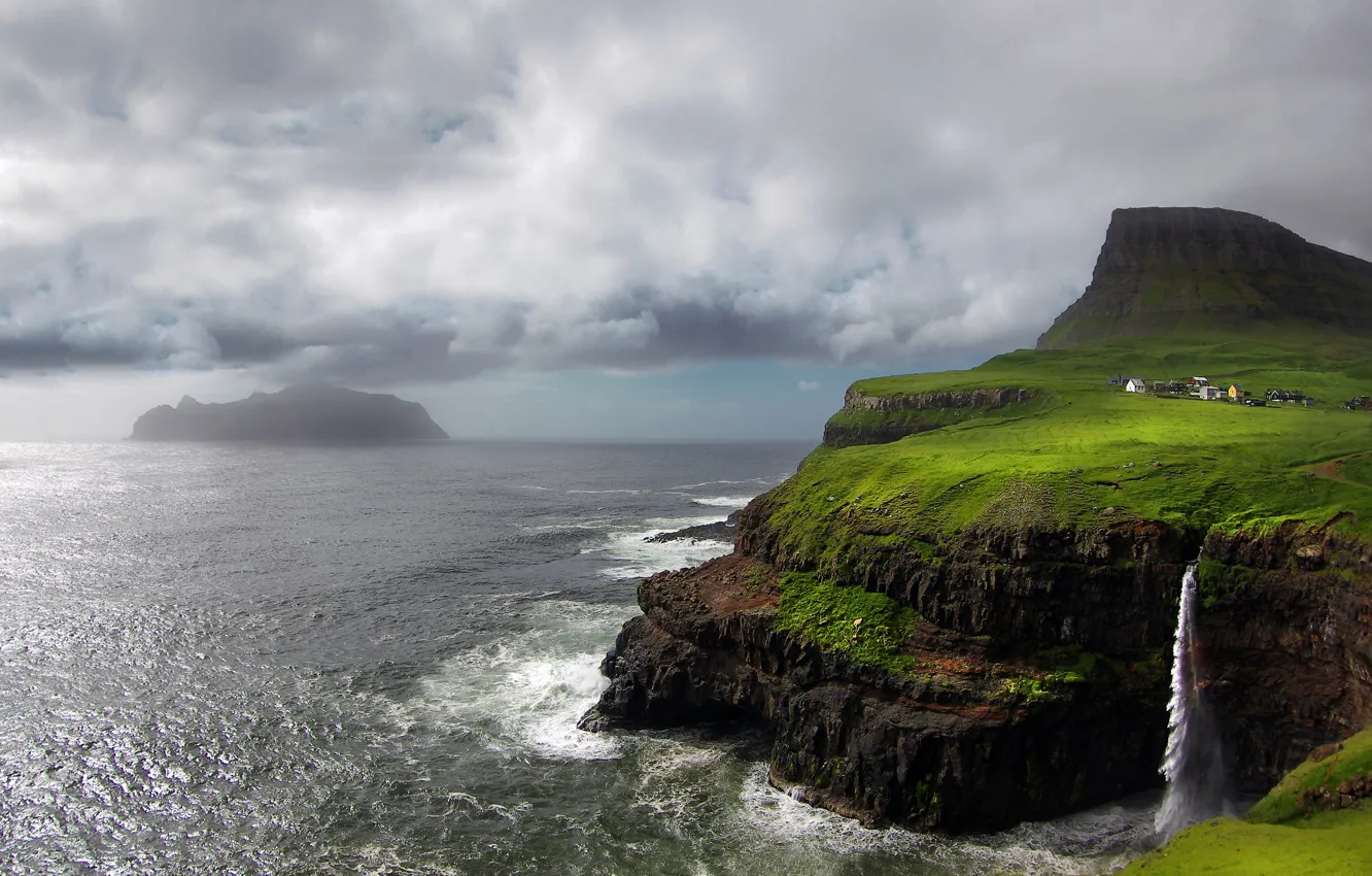 Photo wallpaper rocks, island, mountain, waterfall, The Atlantic ocean, Faroe Islands