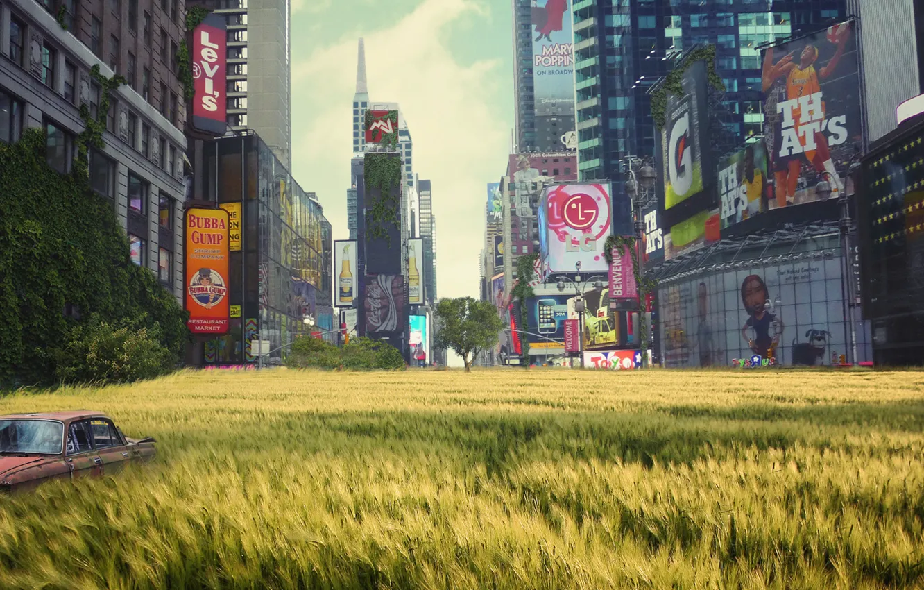 Photo wallpaper field, the city, street, skyscrapers, advertising, car