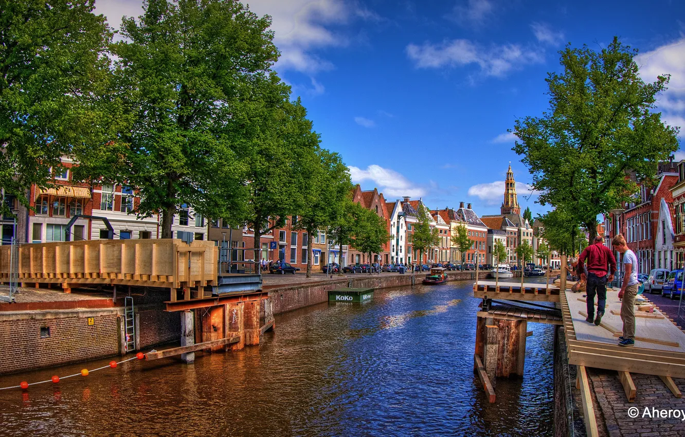 Photo wallpaper bridge, river, HDR, Netherlands, construction, promenade, Netherlands, Groningen