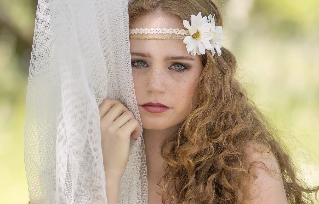 Photo wallpaper look, flowers, face, mood, chamomile, freckles, red, curls