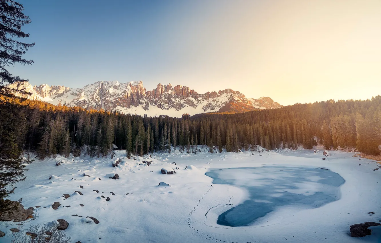 Photo wallpaper winter, snow, mountains, ate, Italy, The Dolomites, South Tyrol, lake Carezza