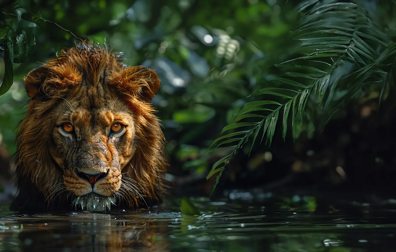 Photo wallpaper grass, look, face, water, trees, predator, Leo, drink