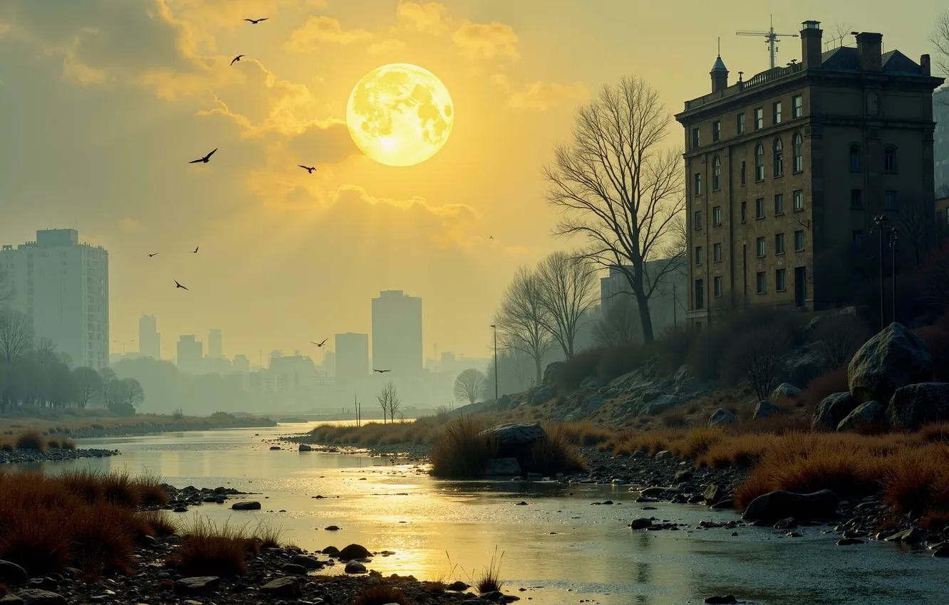Photo wallpaper moon, river, yellow, desolate