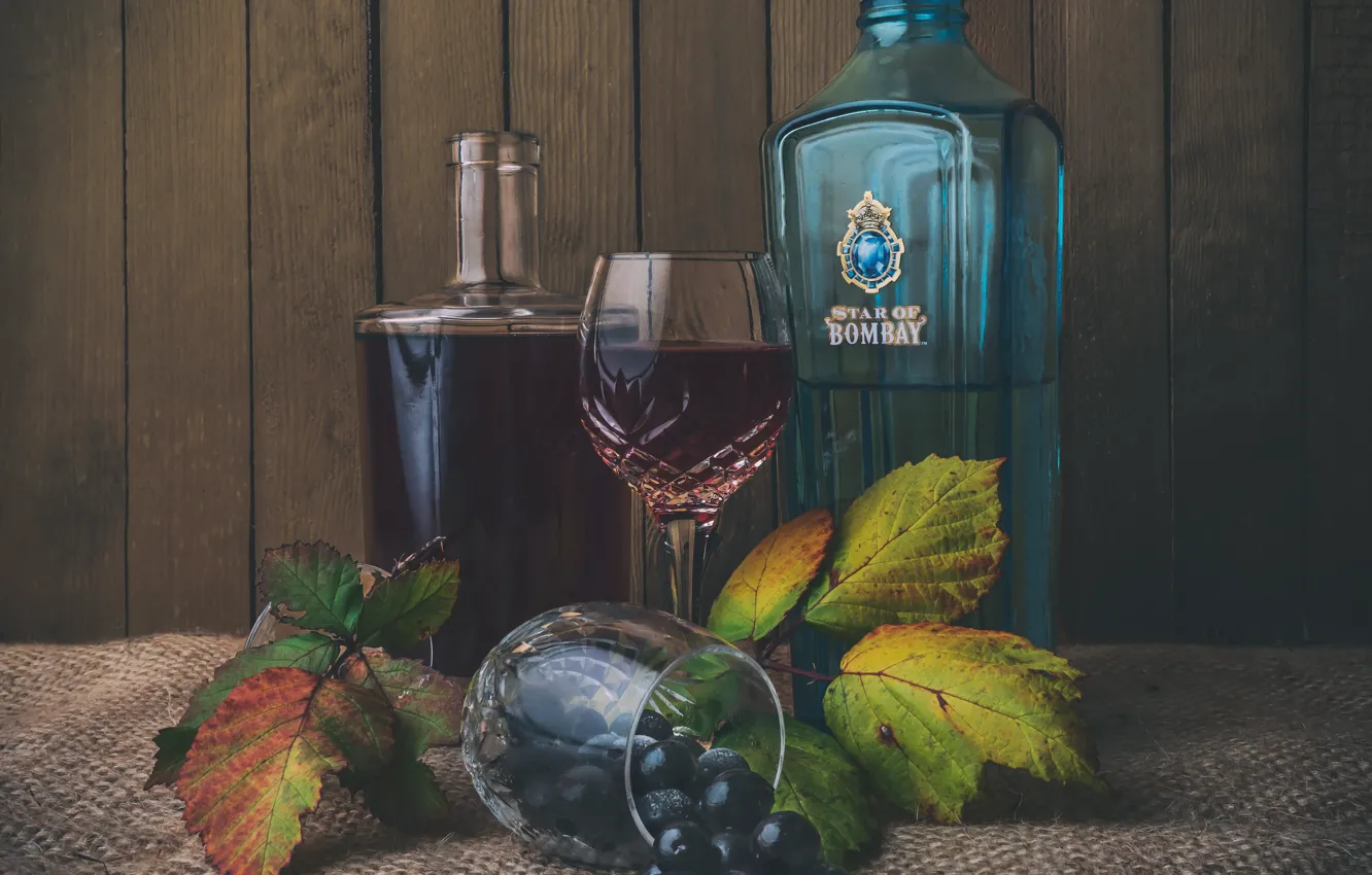 Photo wallpaper leaves, wine, Board, glass, bottle, grapes, alcohol, still life