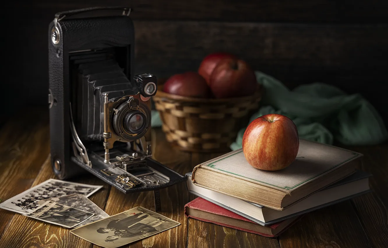 Photo wallpaper retro, the dark background, table, apples, the camera, fabric, book, photos