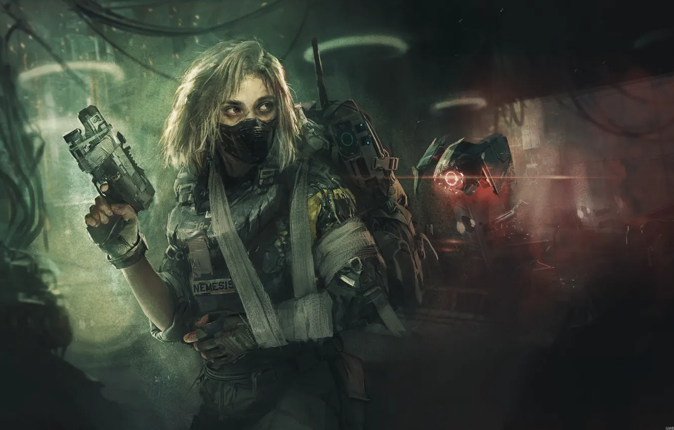 Photo wallpaper girl, gun, weapons, mask, drone, Nemesis Distress