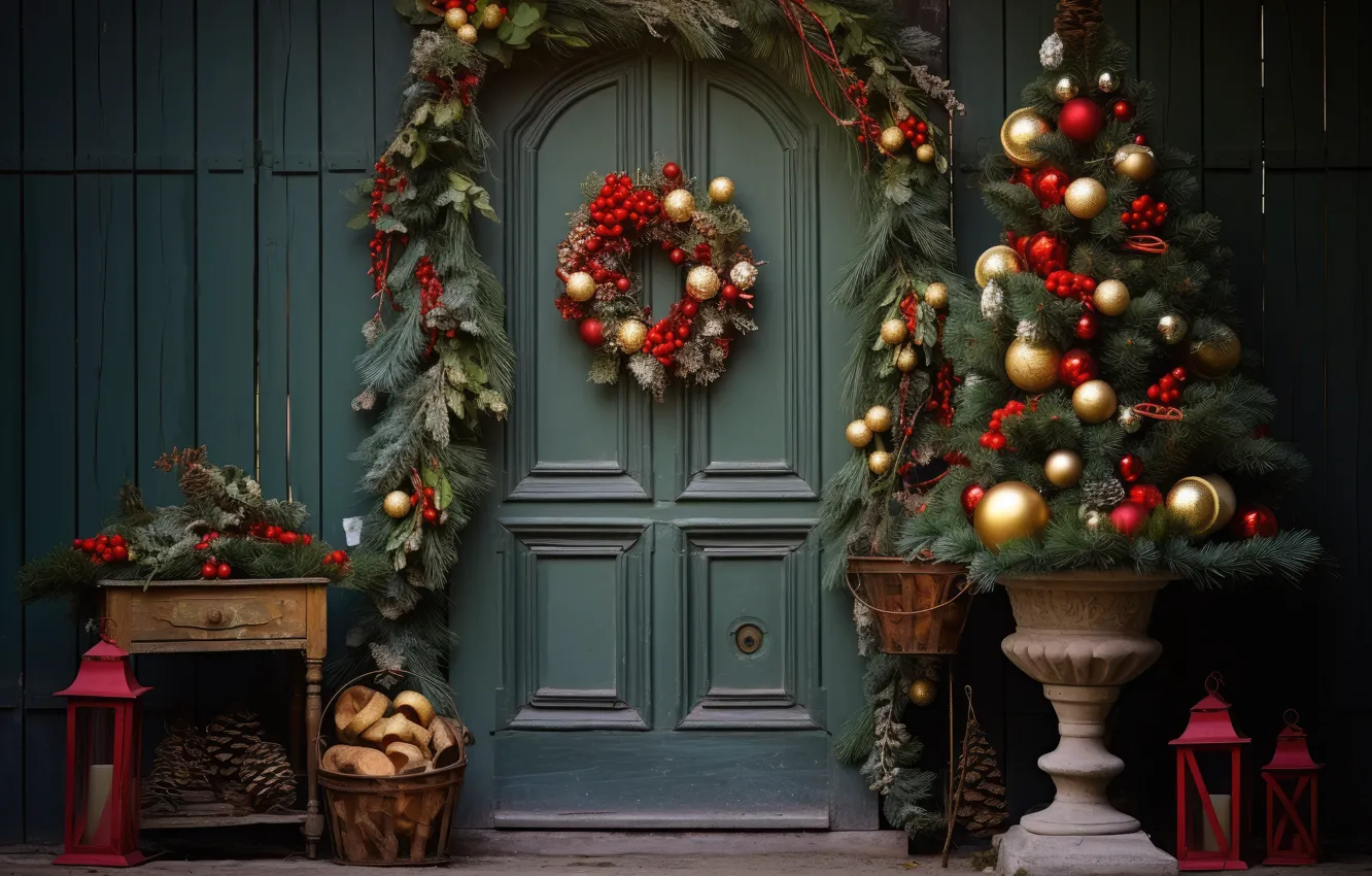 Photo wallpaper the door, Christmas, New year, tree, garland, decoration, Christmas wreath