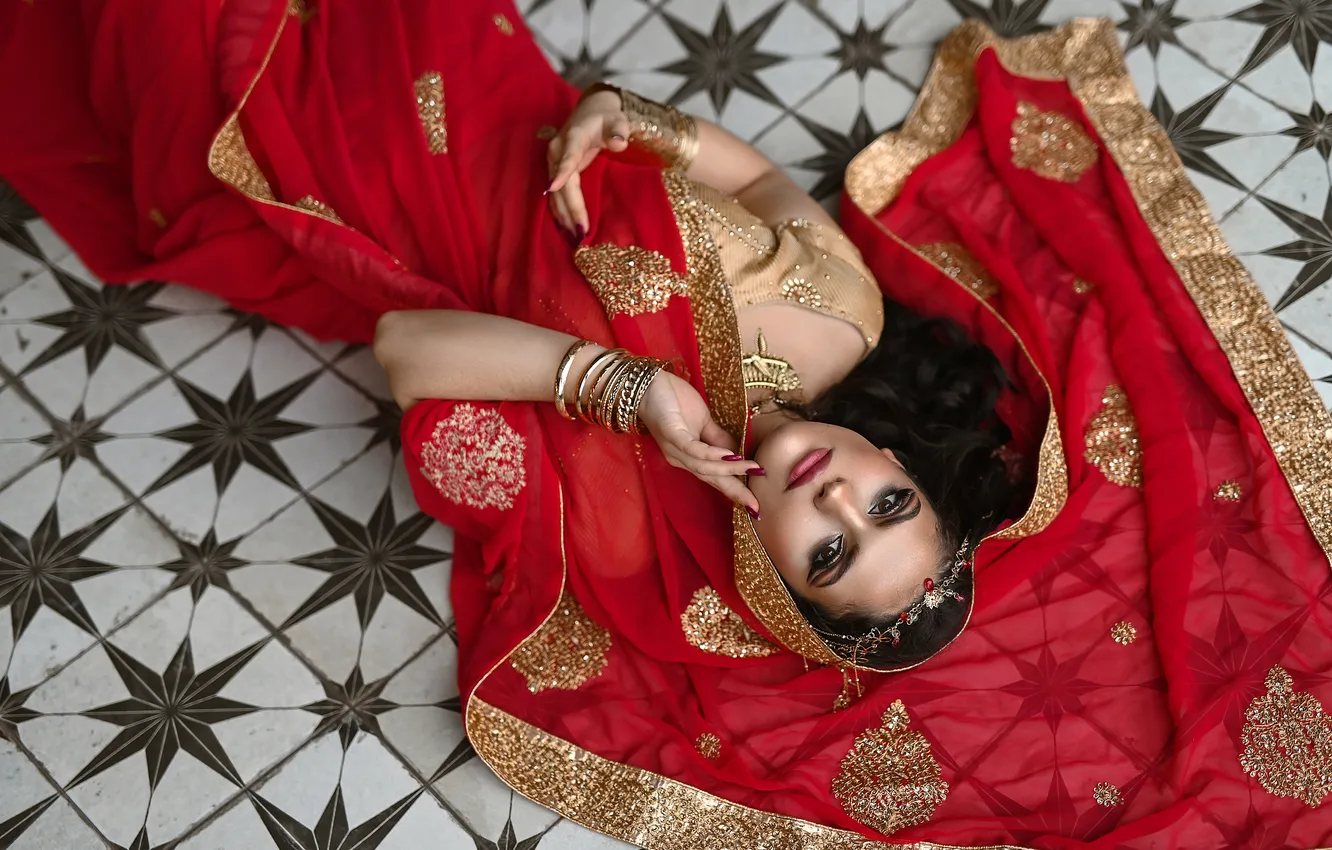 Photo wallpaper look, girl, decoration, face, pose, style, hands, makeup