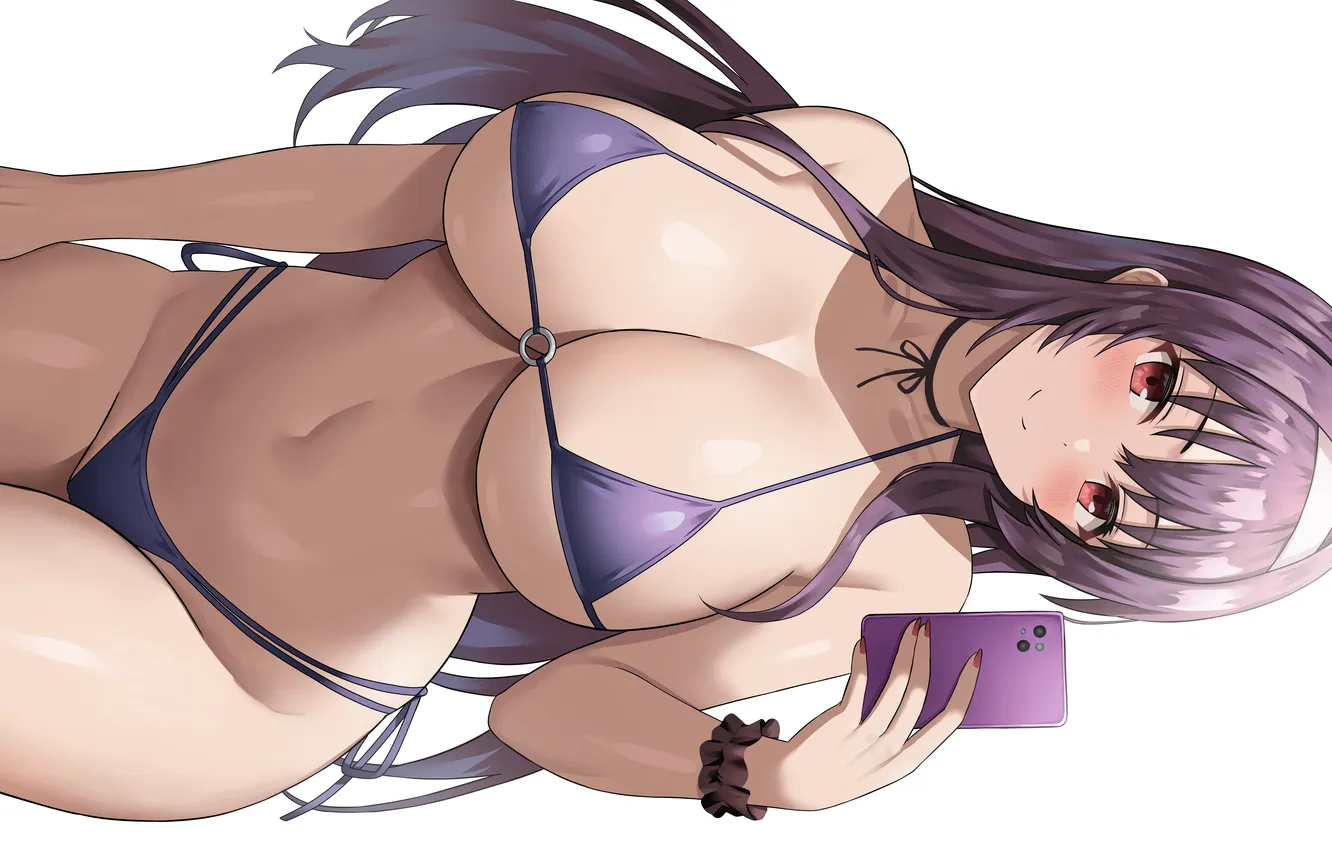 Photo wallpaper girl, sexy, cleavage, long hair, boobs, anime, beautiful, red eyes