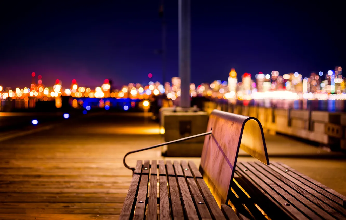 Photo wallpaper light, night, the city, lights, pier, Canada, benches, bokeh