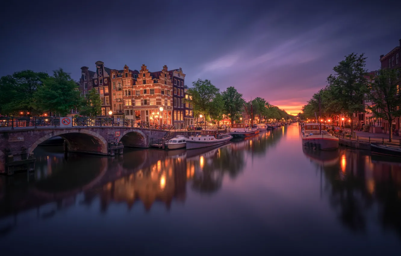 Photo wallpaper transport, building, channel, twilight, Amsterdam - My Home