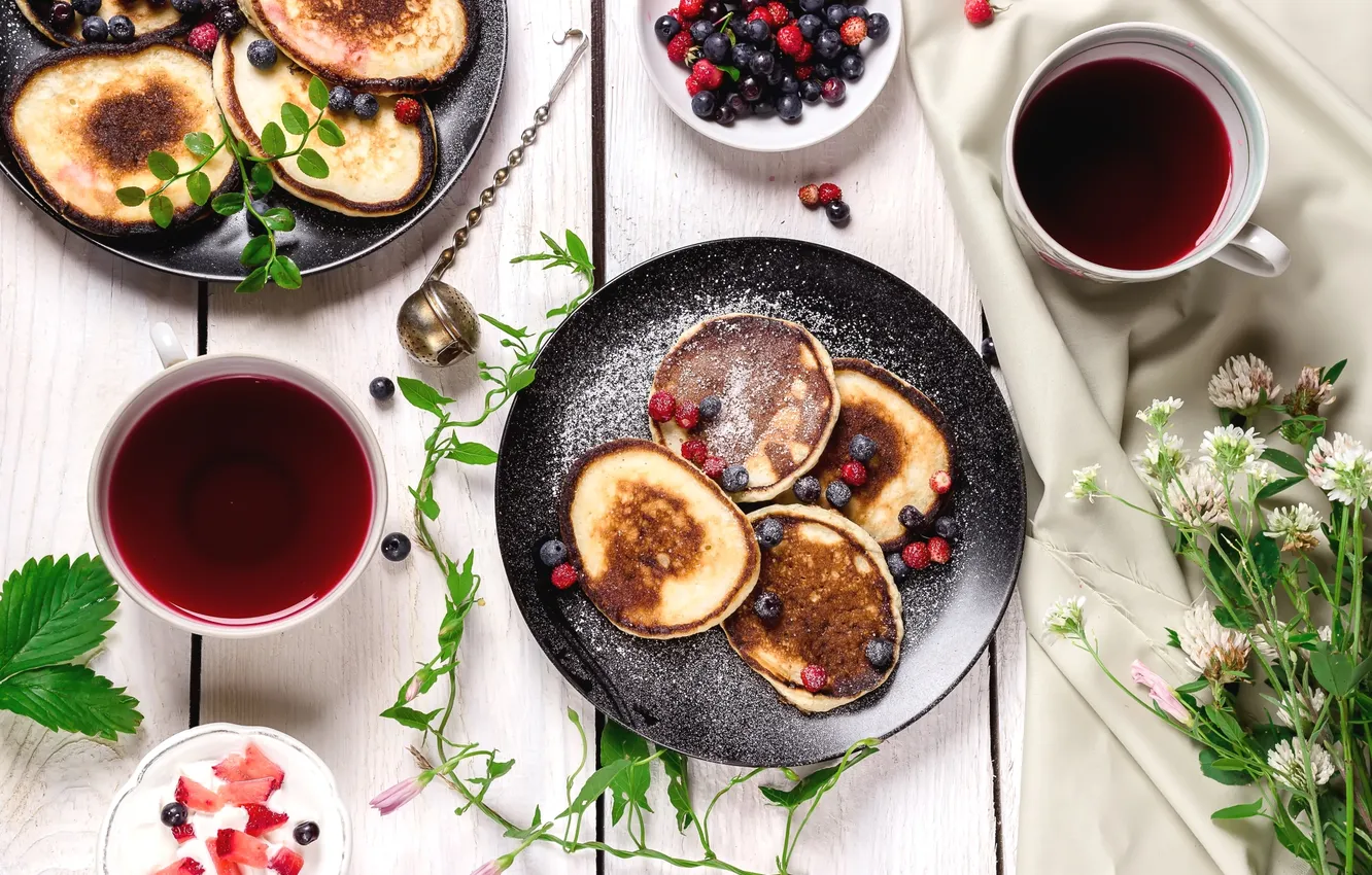 Photo wallpaper berries, tea, blueberries, strawberries, clover, pancakes