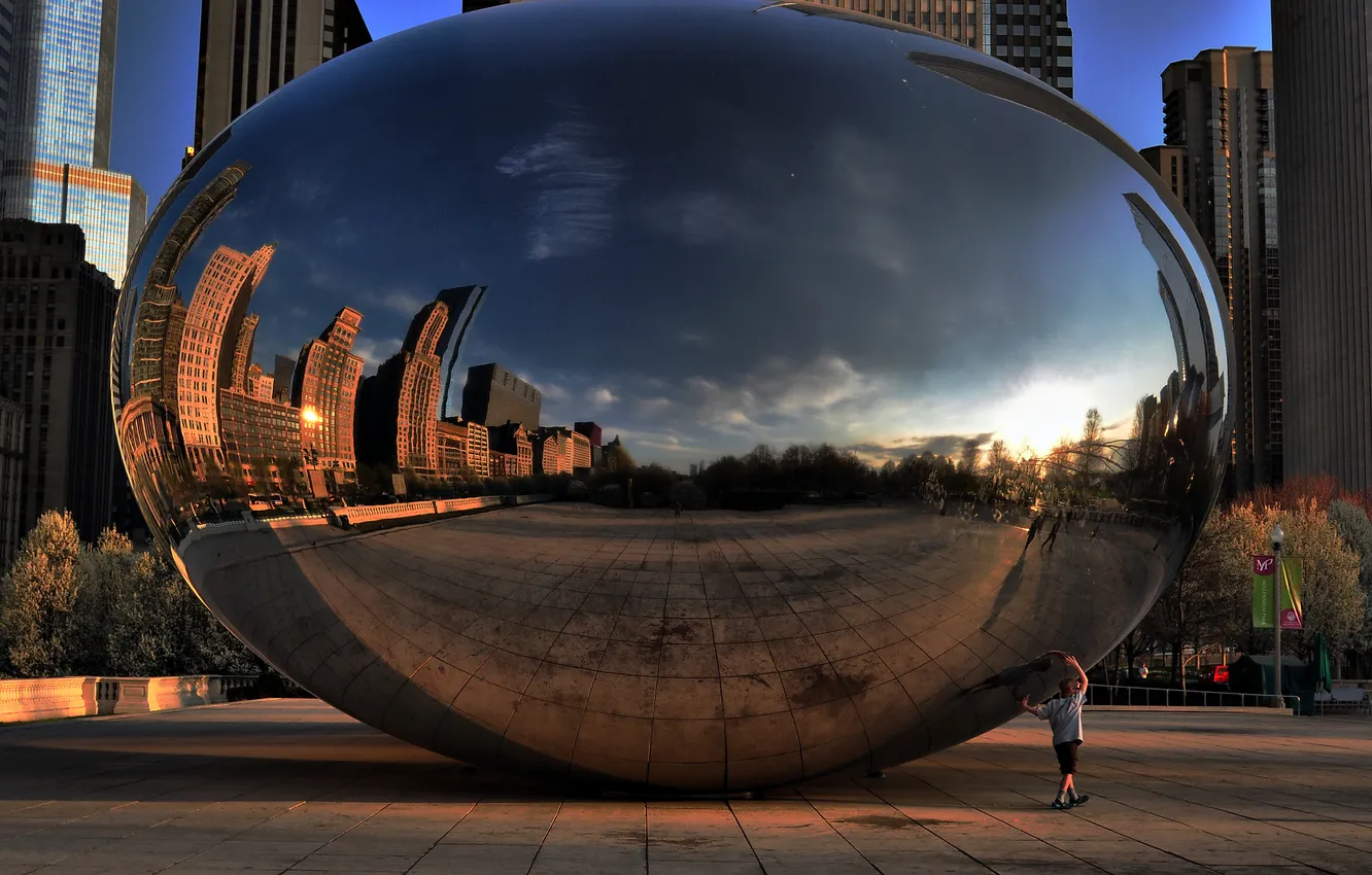 Photo wallpaper sunset, reflection, the evening, Chicago, Chicago, monument, millennium park, Spaceship Earth