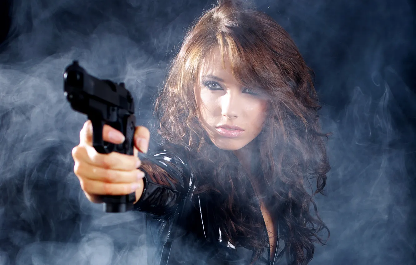 Photo wallpaper girl, weapons, smoke, brown hair