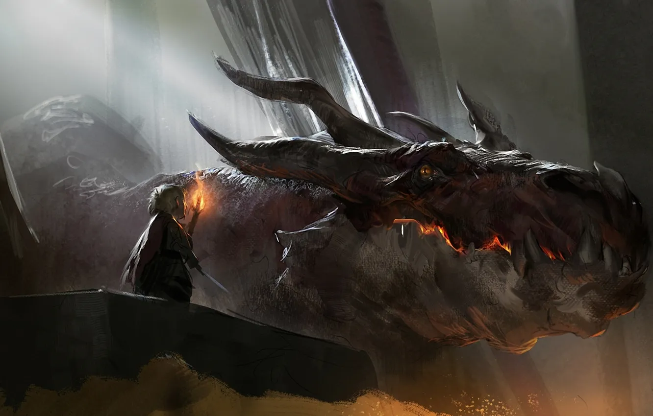 Photo wallpaper dragon, people, sword, torch