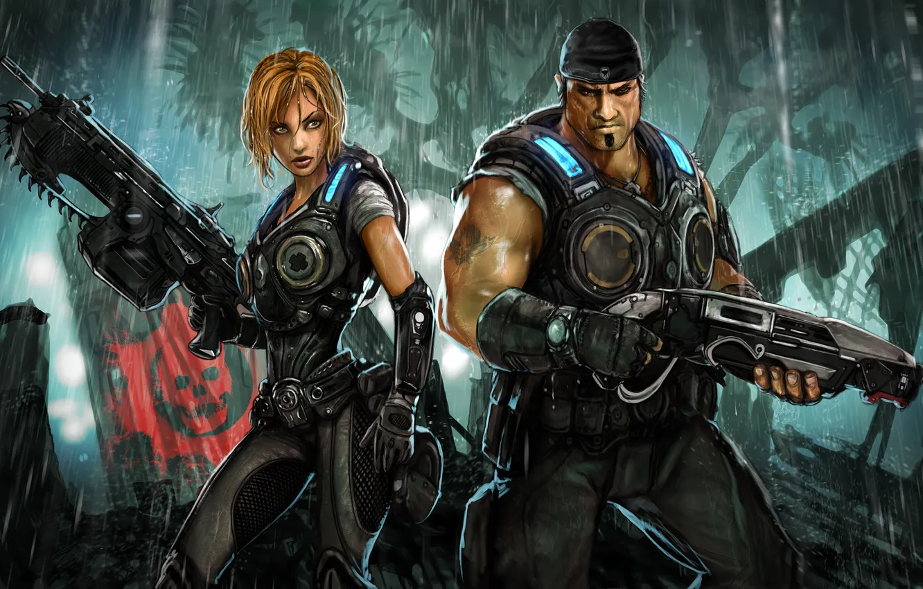 Photo wallpaper weapons, rain, jungle, fighter, equipment, Gears of War, Anya Stroud, Marсus Fenix