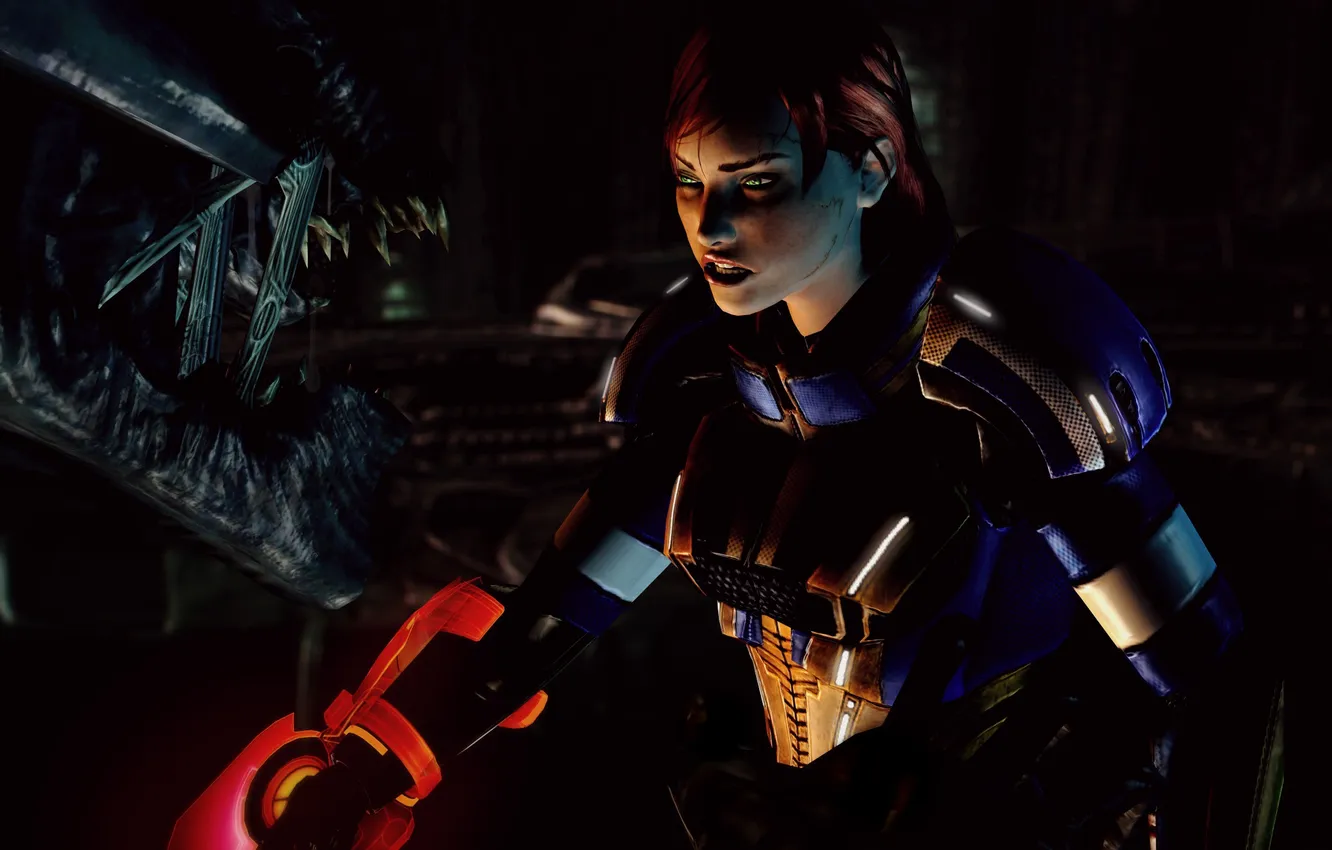 Photo wallpaper eyes, look, girl, face, the game, armor, Shepard, mass