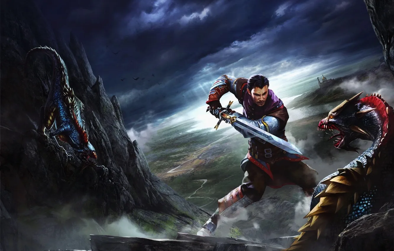 Photo wallpaper the sky, mountains, clouds, bird, smoke, monster, sword, battle