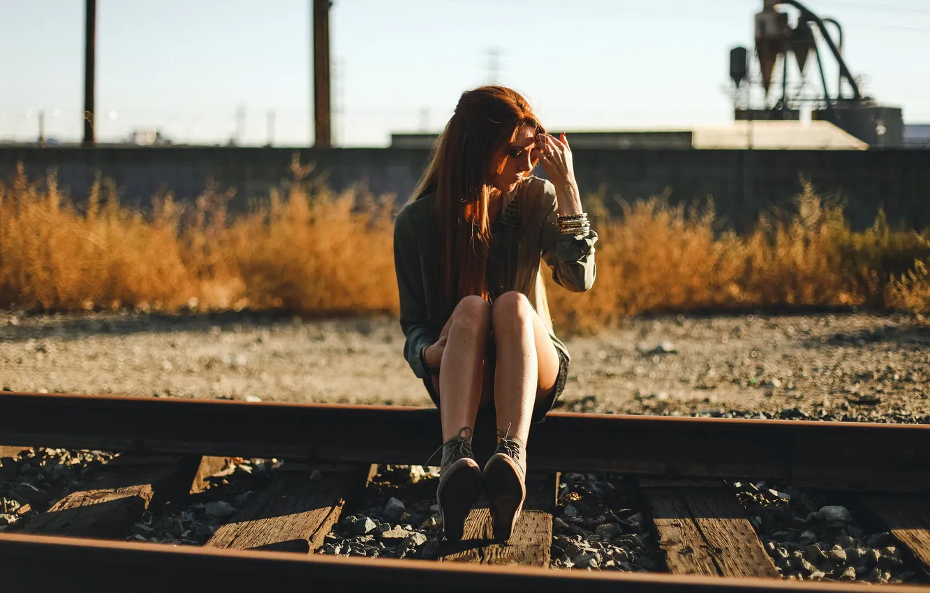 Photo wallpaper girl, train, roadside, Tracks, golden hour