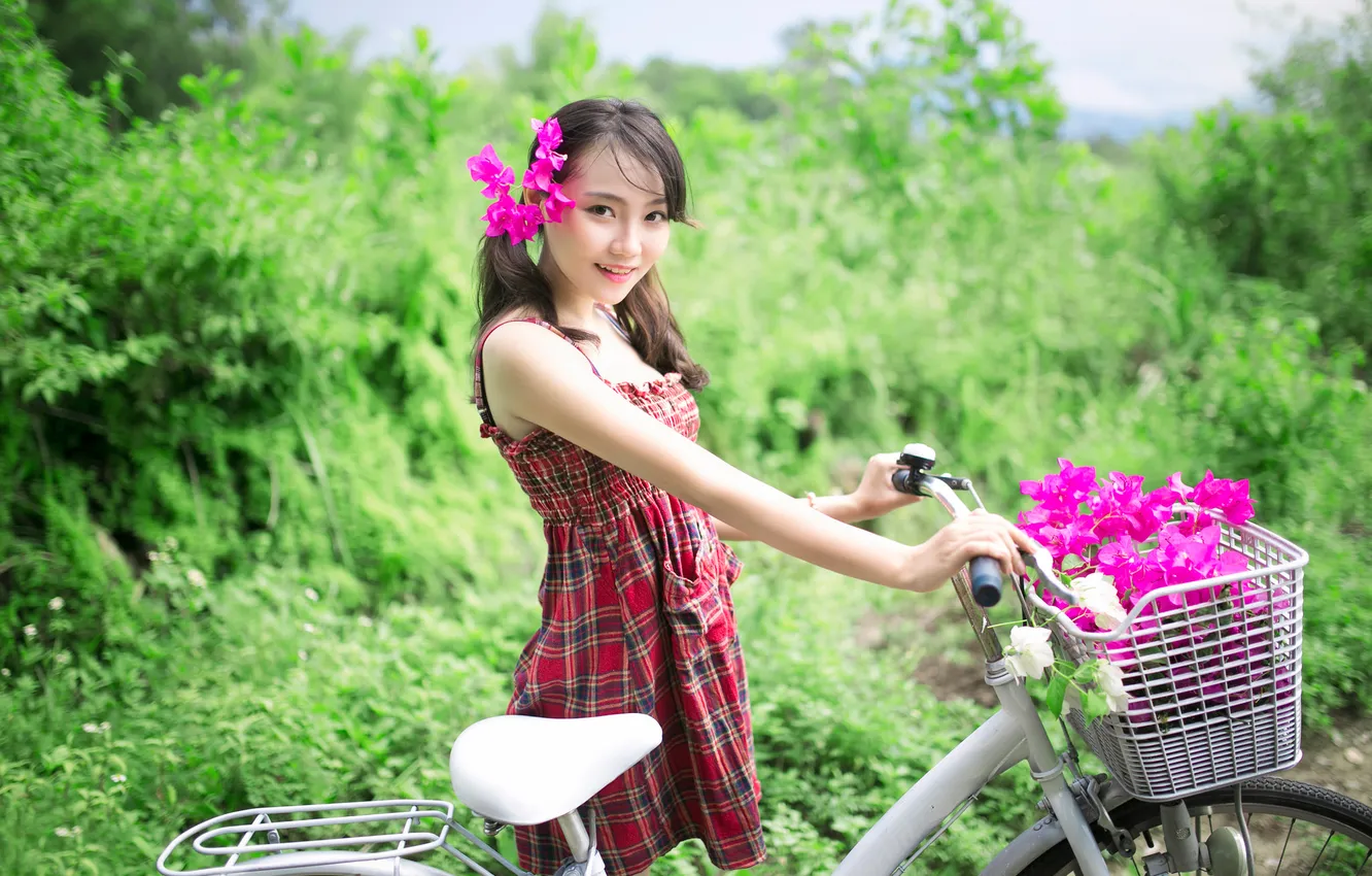 Photo wallpaper flowers, bike, smile, Oriental girl