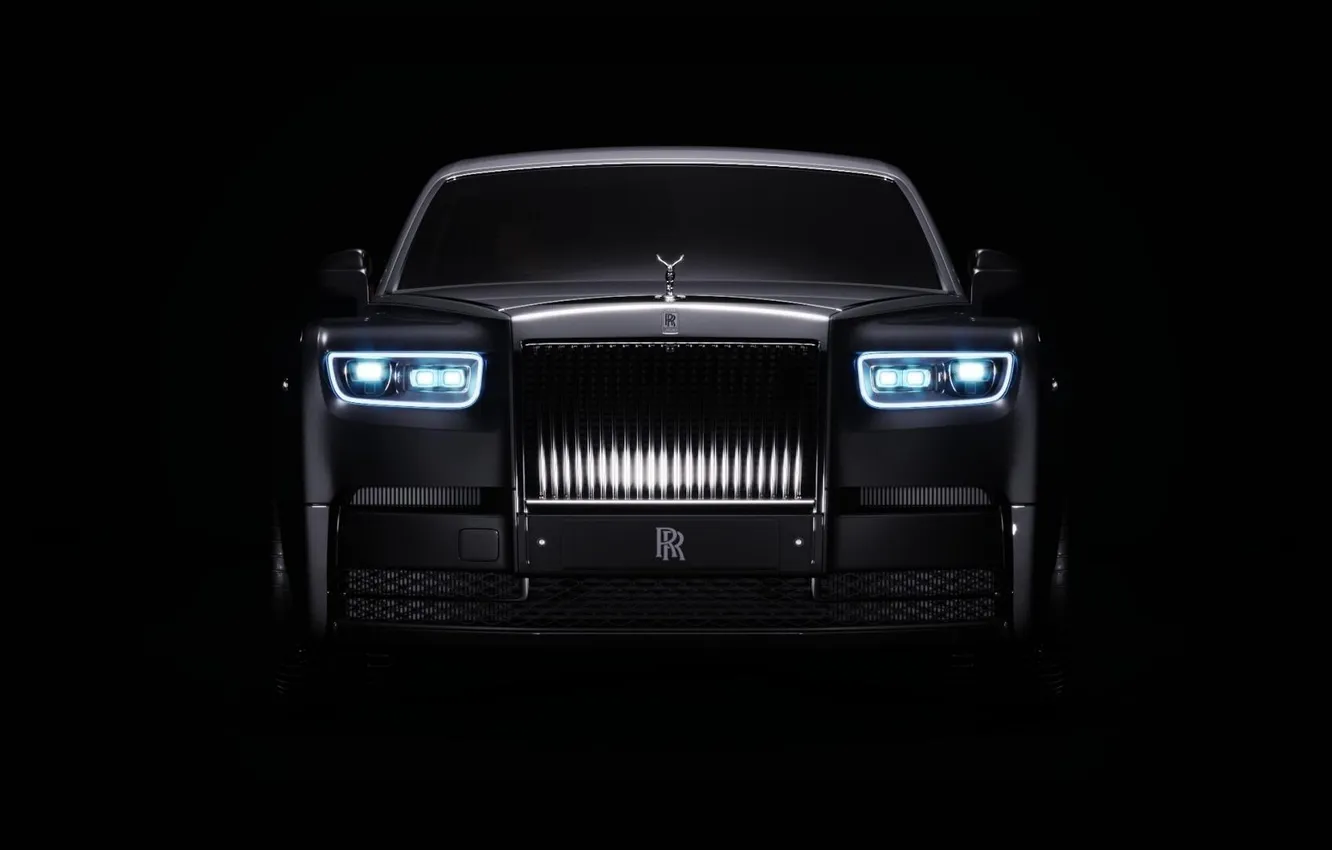 Photo wallpaper car, lights, Rolls-Royce Phantom, Rolls Royce, minimalism, black background, Spirit of Ecstasy, vehicle