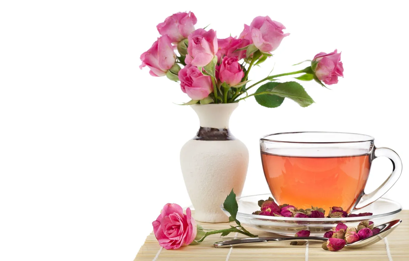 Photo wallpaper tea, roses, spoon, Cup
