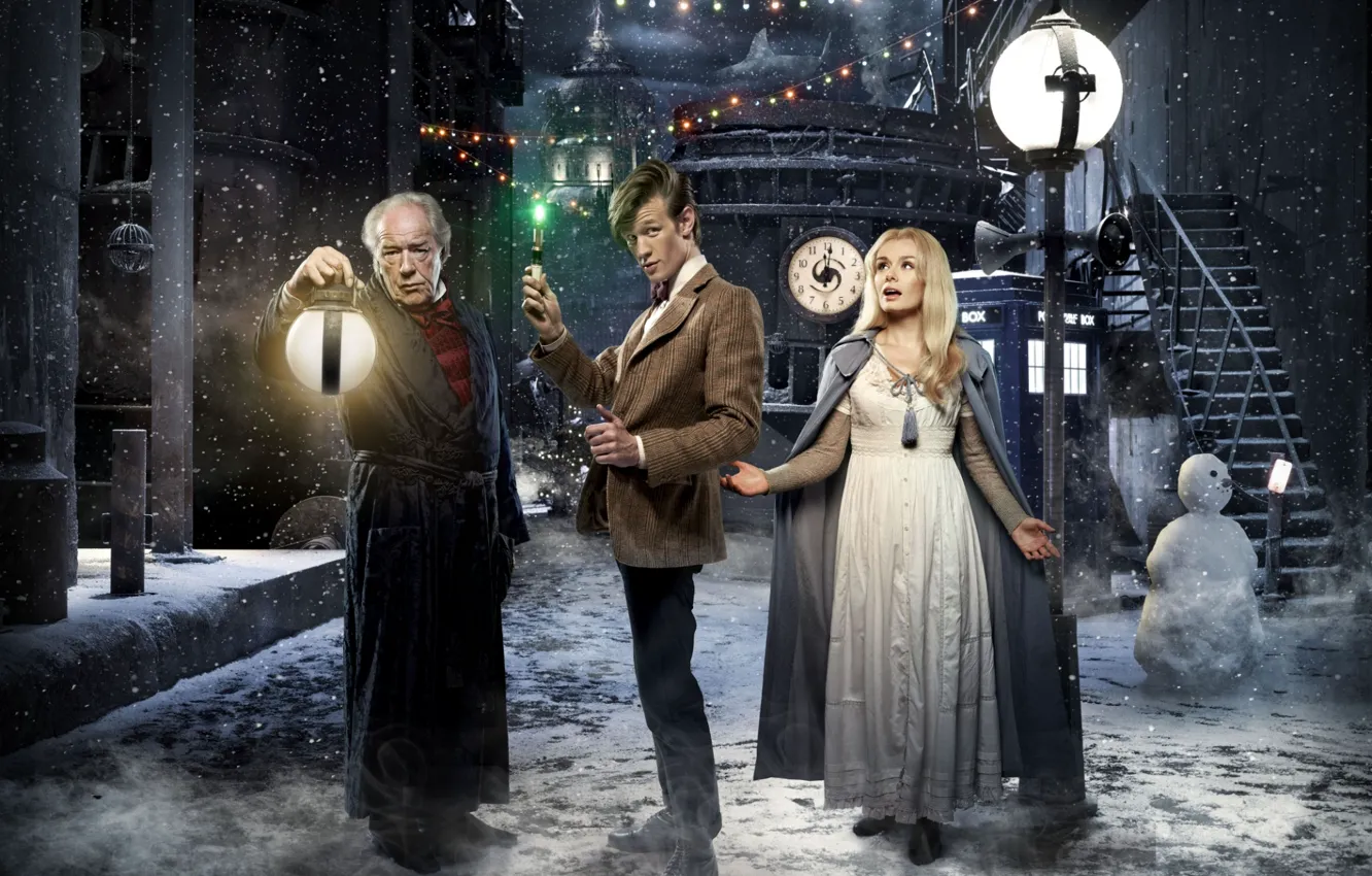 Photo wallpaper winter, the sky, look, girl, snow, street, watch, dress