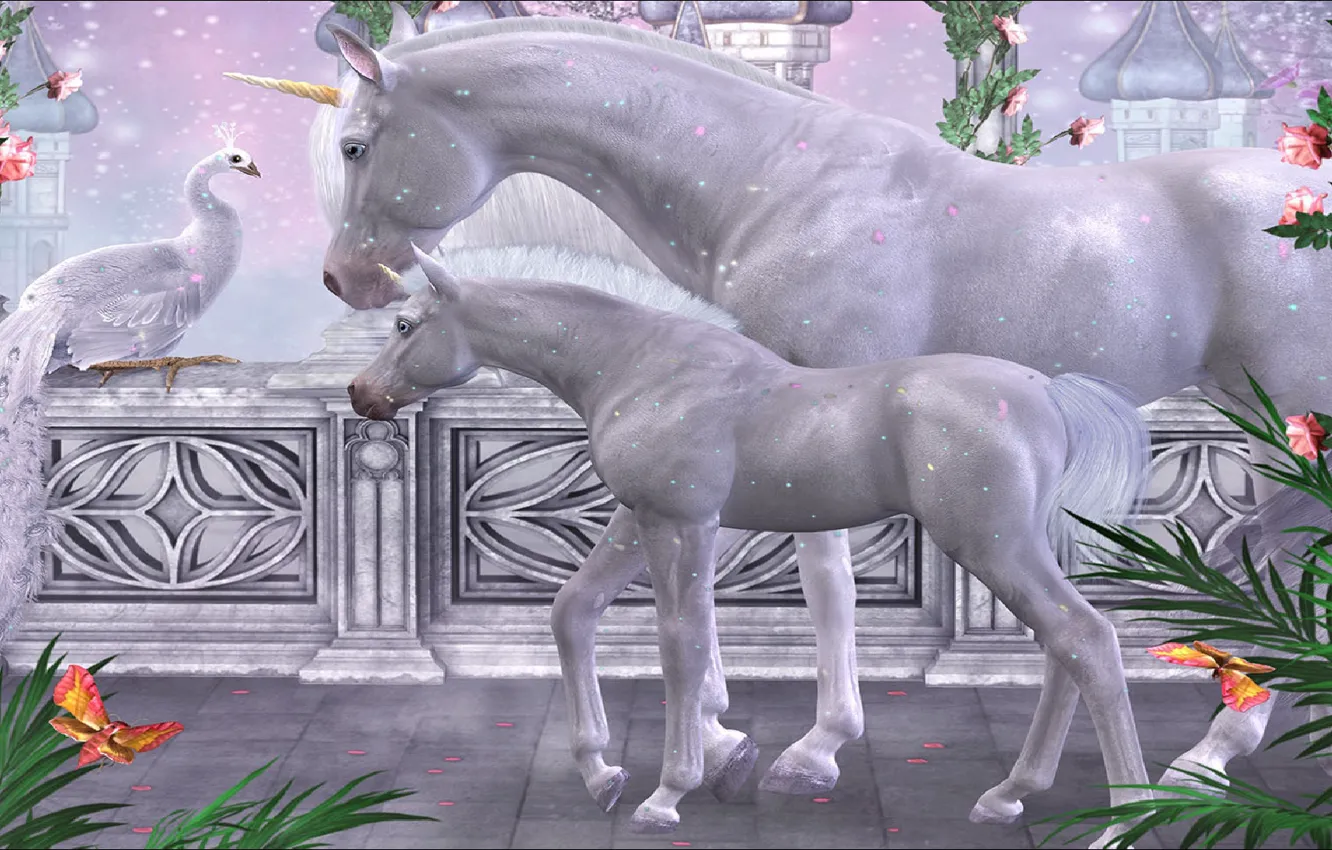 Photo wallpaper Fantasy, two, unicorn, unicorns