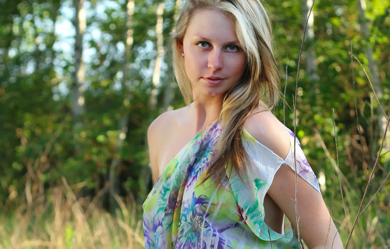 Photo wallpaper girl, grass, blouse, long hair, trees, nature, beautiful, pretty