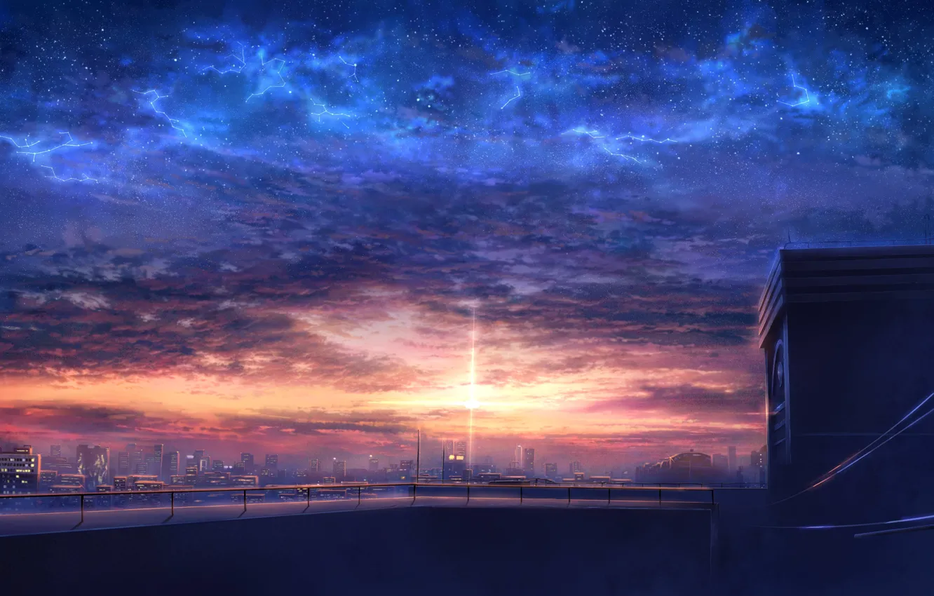 Photo wallpaper sunset, the city, the evening, art, constellation, starry sky