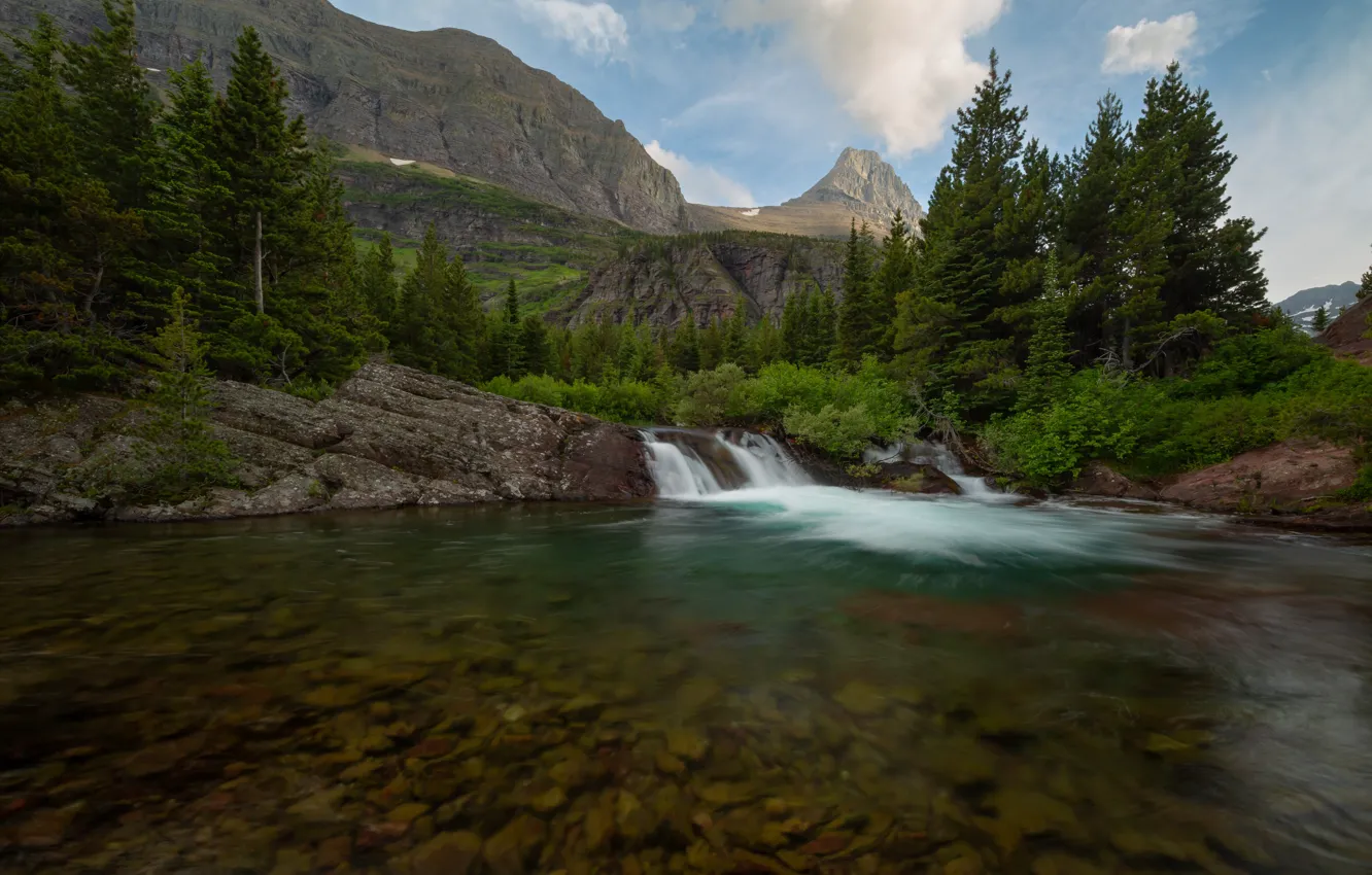 Photo wallpaper forest, mountains, shore, waterfall, pond