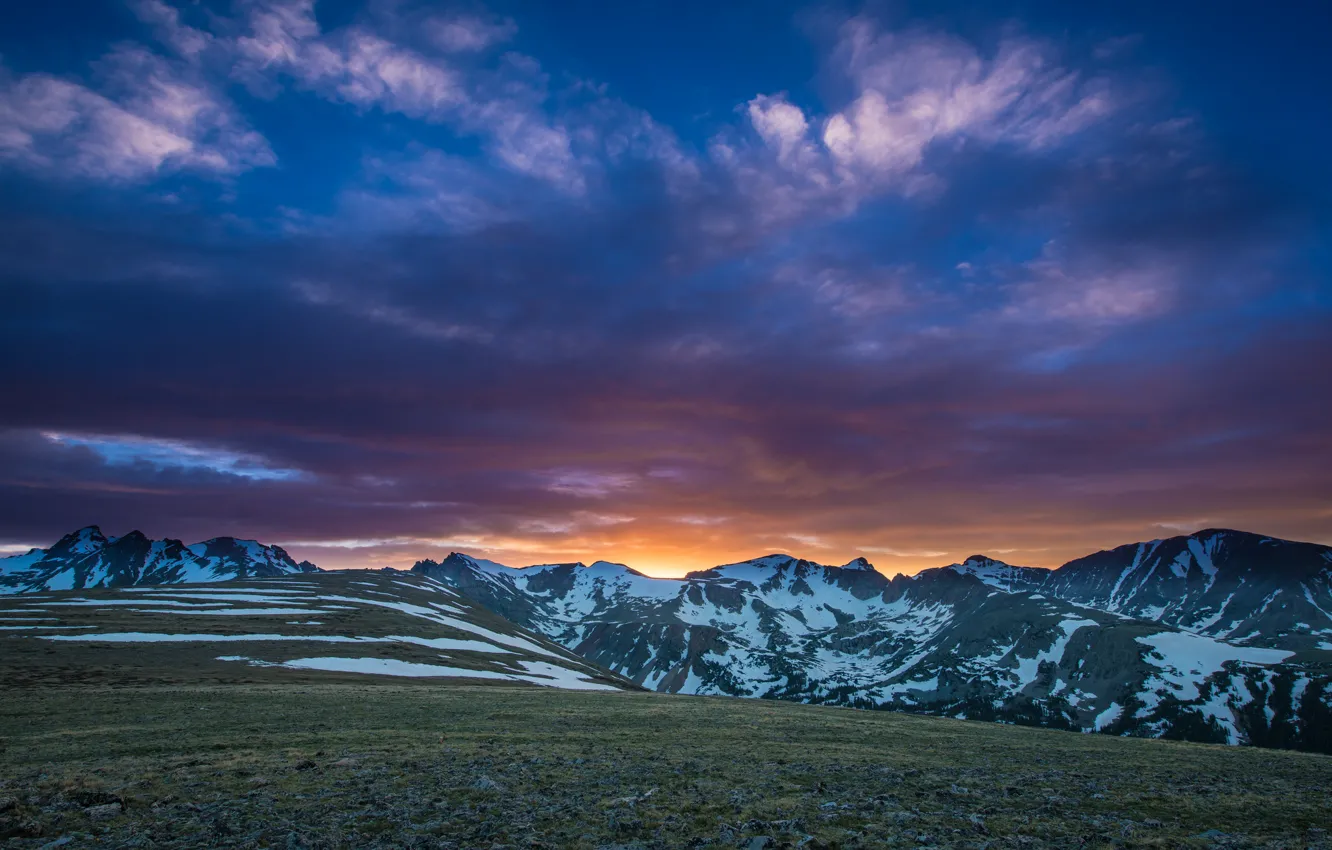 Photo wallpaper snow, sunset, mountains, tops