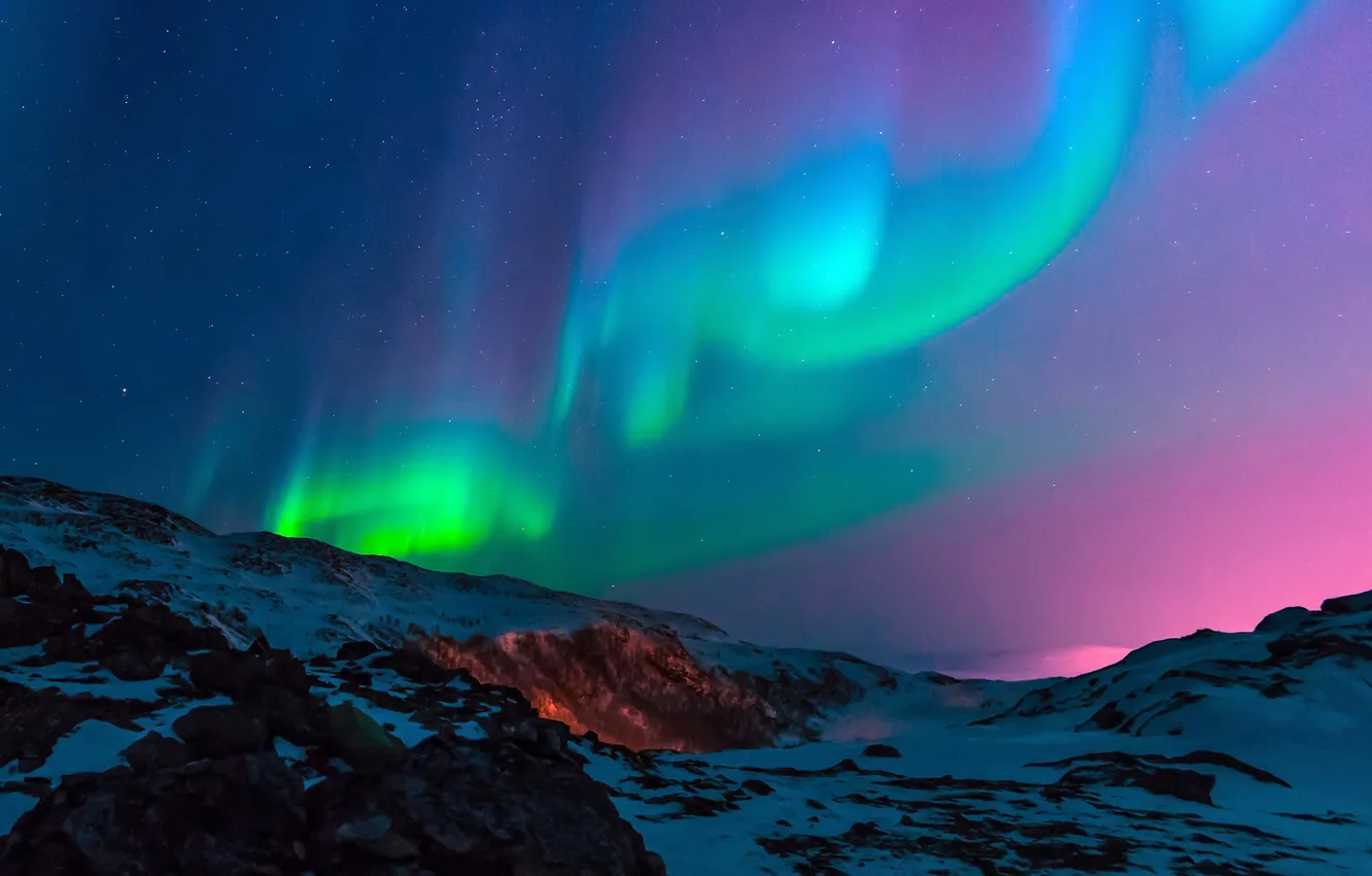 Photo wallpaper winter, mountains, night, Northern lights, night, winter, mountains, northern lights