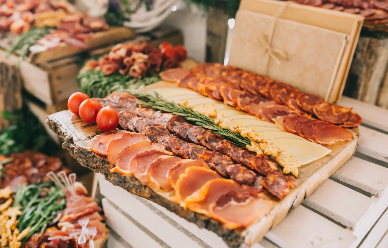 Photo wallpaper meat, tomatoes, sausage, cuts