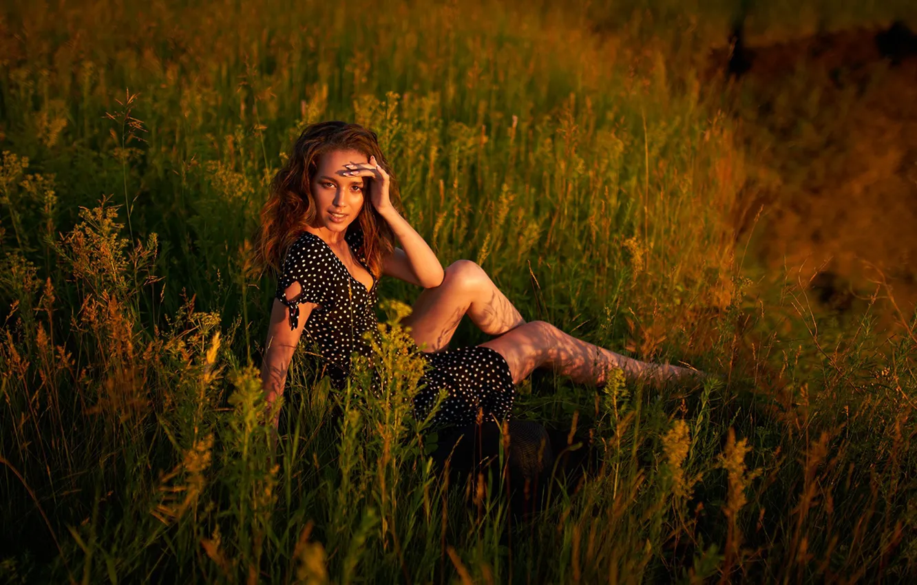 Photo wallpaper grass, dress, model, women, redhead, black dress, neckline, polka dots